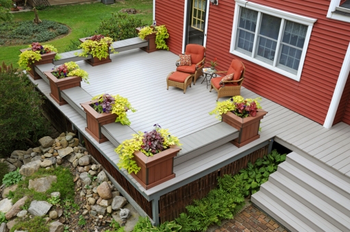 This is an example of a composite decking material with planter benches.